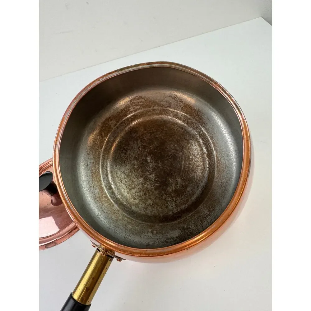 Vintage MCM Solid Copper Pot Rose Gold Metal Wooden Handle Lid Made In Portugal